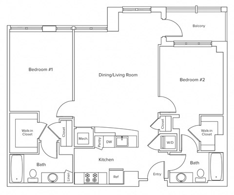 Floor plan for 2 beds, 2 baths, 1070 sqft